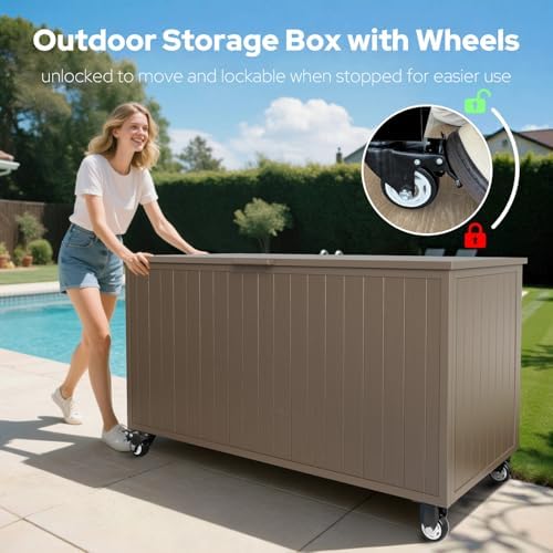 150 Gallon Outdoor Storage Box with Wheels, Metal Deck Boxes,Brown - Image 2