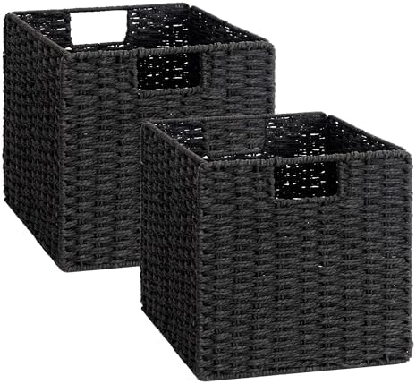 StorageWorks 11 inch Cube Storage Bins, Foldable Wicker Baskets, Black by StorageWorks