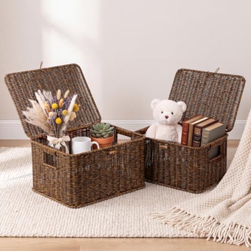 Nonam Wicker Storage Basket With lid, Large Stackable Plastic Bin, Brown - Image 5