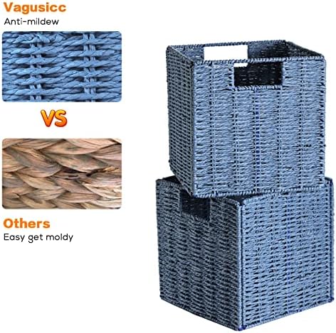 Vagusicc Wicker Baskets for Storage, Set of 4 Hand-Woven Wicker Storage Baskets for Shelves, Cube Storage Baskets Bins with Handles, Wicker Basket for Organizing Pantry Bedroom, Blue - Image 4