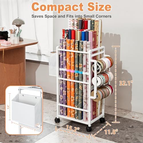 Aquzee Gift Wrapping Paper Organizer Storage, Rolling Gift Wrap Storage Stand, Vertical Wrapping Paper Storage Cart, Ribbon Organizers, 12 PCS Slap Bracelets, Adjustable Rod Design, White - Image 4