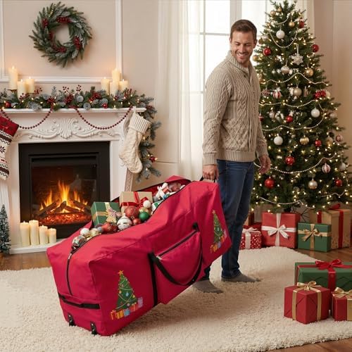Sadnyy Rolling Christmas Tree Storage Bag 9 Ft, Xmas Artificial Storage Bags with 2 Swivel Wheels, 600d Oxford Fabric Box with Reinforced Handle for Disassembled Tree - Image 2