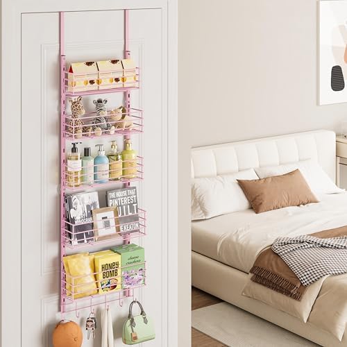 SWTYMIKI Over The Door Organizer - Door Organizer Hanging with 5 Adjustable Metal Large Capacity Basket and 6 Coat Hook, Wall Mounted Shelf for Bedroom Closet Bathroom Laundry Pantry Cabinet Kitchen - Image 2