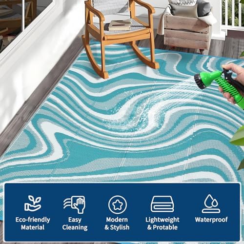 Garvee Large Modern Outdoor Rug 9x18 Patio Rugs Outdoor, Light Blue - Image 5