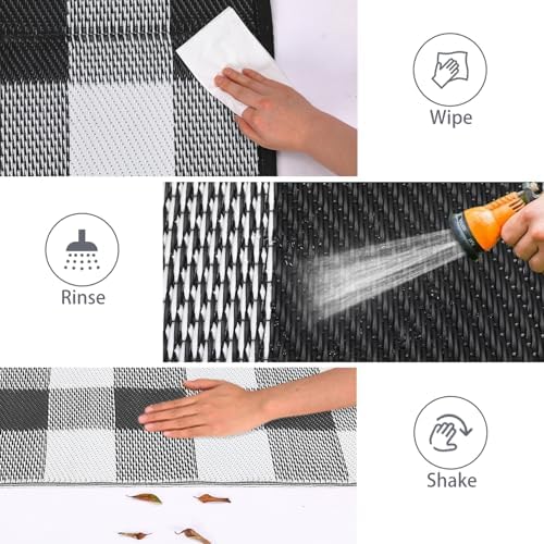 GlowSol 9x18 Outdoor Reversible Rug Waterproof UV Resistant Plastic Straw Rug Modern Outdoor Checkered Rug, Portable Picnic Mat with Stakes, Large Camping Carpet for Backyard, Balcony, Black - Image 5