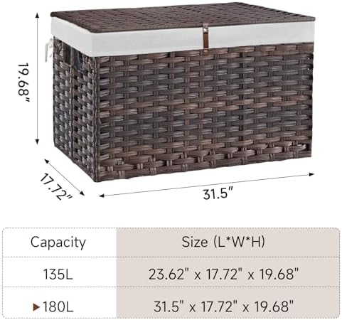 180L Wicker Storage Basket with Lid, Handwoven Rattan Large Shelf Basket with Removable Liner, 47.6 Gallon Wicker Basket for Blanket, Storage Trunk with Handle for Closet, Bedroom, Livingroom, Brown - Image 4