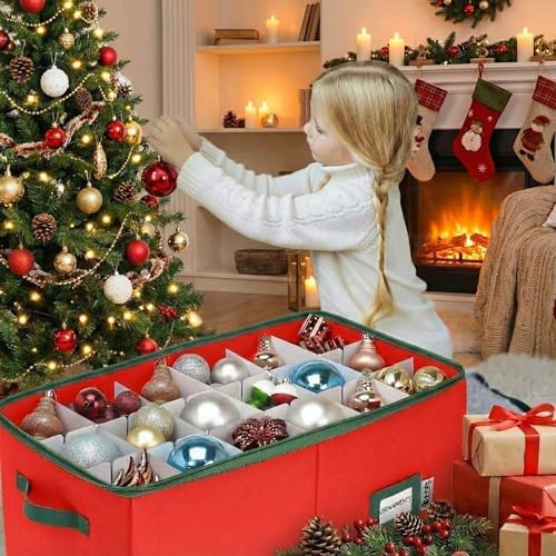 Christmas Ornament Storage Container with Dividers - Box Stores Up to 54 Ornaments, Zippered, Convenient, Adjustable, Large Organizer Bin to Protect Holiday Décor, Fits Most Standard Size, Red - Image 2