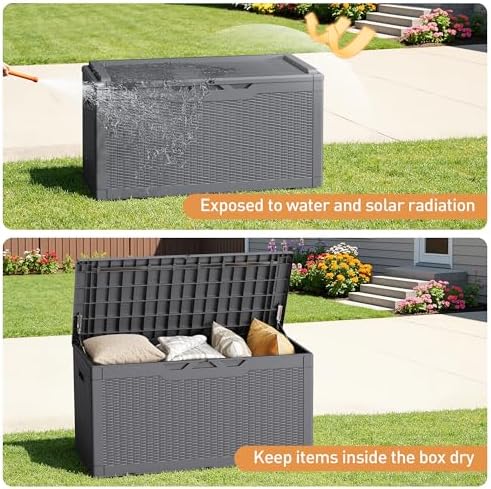 Greesum 100 Gallon Resin Deck Box Large Outdoor Storage Boxes with Cushions for Garden Tools, Patio Furniture Pillows, Pool Supplies, Gray - Image 3