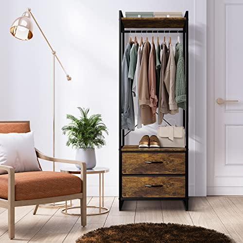 Sorbus Tall Clothing Rack with Drawers, Wood Top (Rustic) - Image 4