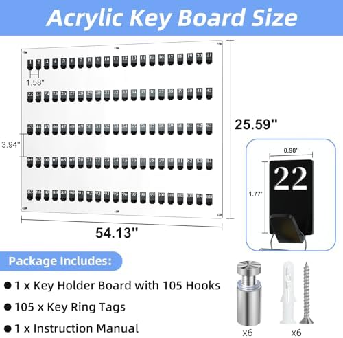 105 Hooks Acrylic Key Board with Numbers, Wall Mount Key Holder Rack with 105 Tags, Key Storage Organization, Clear Hanging Board for Garage, Car Dealer, Office, Home, Hotel, Real Estate, School - Image 2