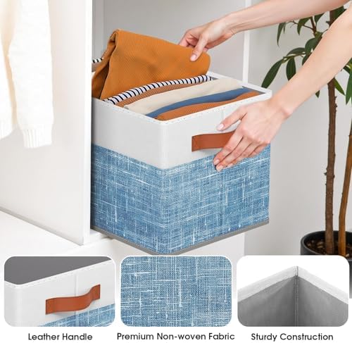 Fab totes Collapsible Storage Baskets for Shelves,14"x10", 8 Pack Foldable Fabric Storage Bins with Double Leather Handles, Large Baskets for Organizing Books, Clothes, White & Blue - Image 4