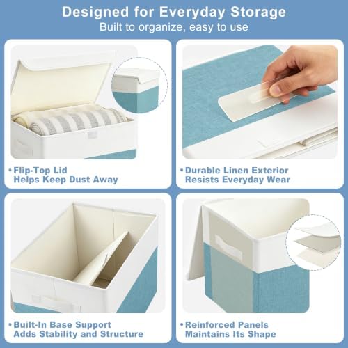 Large 17" 42 Quarts Collapsible Stackable Storage Bins with Lids [3-Pack] Foldable Fabric Linen Storage Boxes Cube, Closet Organizer Baskets with Label for Home (16.7 x 12 x 12", Teal & White) - Image 6