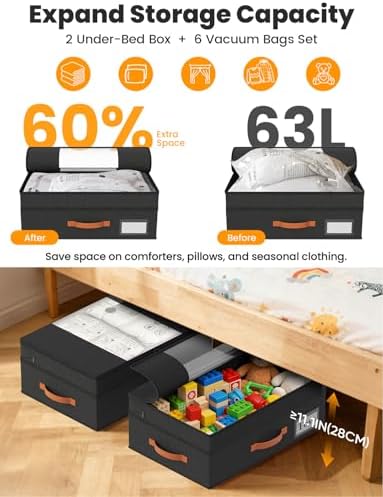 TOSKING 2-Pack Under Bed Storage Drawers with Wheels, 6 Vacuum Bags, Adjustable Height 7.9-10.2", 63L/80 lbs Clear Lid Rolling Bin, 900D Oxford, Space Saver for Dorm Bedroom Clothes Shoes, Black - Image 5