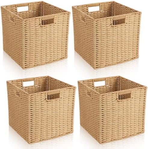 Newtay 4 Pcs Wicker Storage Baskets 13 x 13 in Cube Storage Bin Organizer Camel Square Foldable Wicker Baskets for Shelves Organizing Decor Laundry Pantry Toys by Newtay