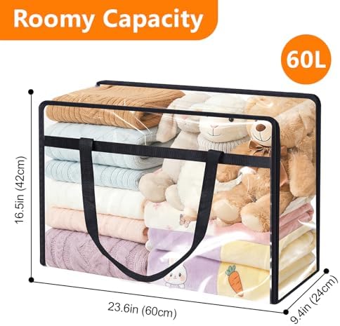 8 Pack Clear Clothes Storage Bags, 60L Vinyl Blanket Storage Containers with Heavy Duty Zipper, Foldable Moving Bags, Closet Organizers for Bedding, Clothing, Comforters, Linens, Duvet - Image 4