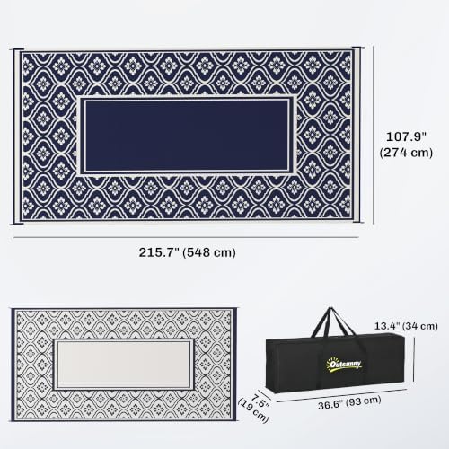 Outsunny Outdoor Rug for Patio Waterproof 9' x 18' Blue & White Gourd - Image 3