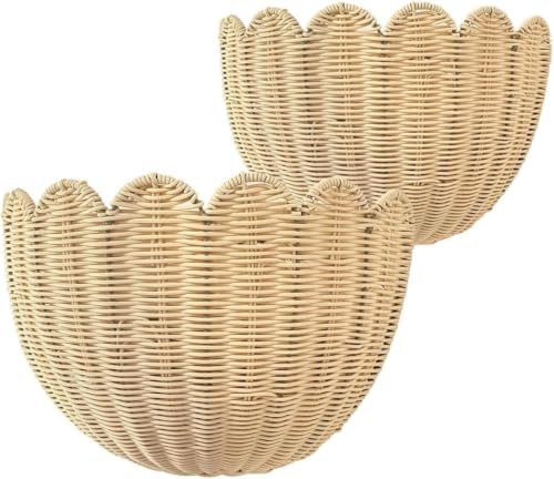 Set of 2 Scalloped Hanging Wicker Baskets for Wall, Scalloped Home Decor, Hanging Woven Rattan Wall Basket for Flowers Front Door Bathroom Storage (Imitation Rattan) by Unknown