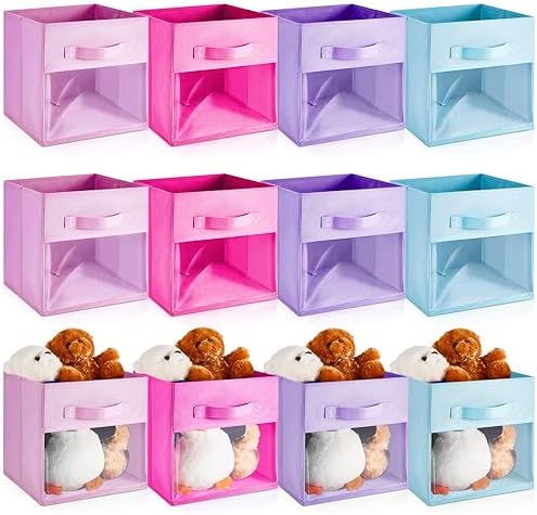 Marsui 12 Pcs Clear Cube Storage Bins 11 Inch Pink Collapsible Kids Storage Bins Fabric Classroom Organizer with Window for Kid Playroom Room Daycare Nursery(Blue, Purple, Rose, Pink) by Marsui