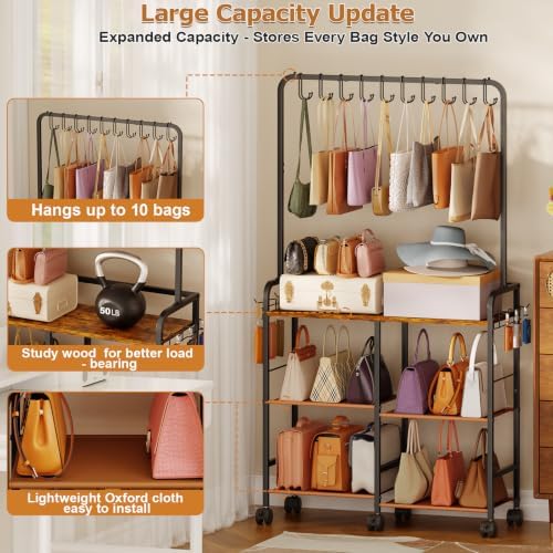 Purse Organizer with Wheels, Large Capacity Handbag Storage Rack for Closet - Image 3