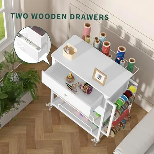 Wrapping Paper Storage & Organizer, Craft Cart with Ribbon & Gift Bag Storage, Wrapping Paper Organizer Holder(2 Wooden Drawers-White) - Image 2