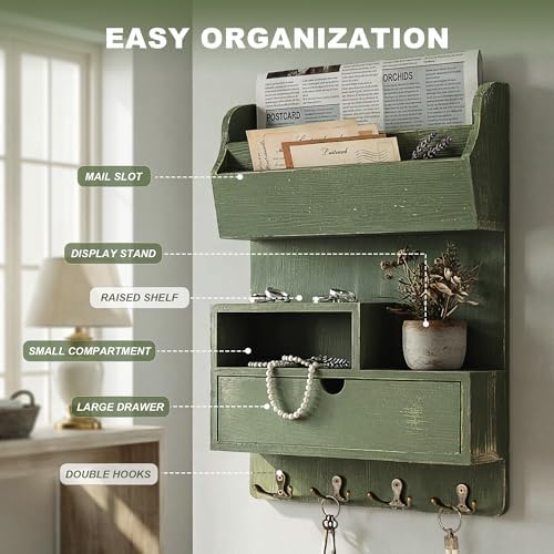 Rebee Vision Pine Wood Key Holder Wall Mount with Drawer & Mail Slot, Green - Image 5
