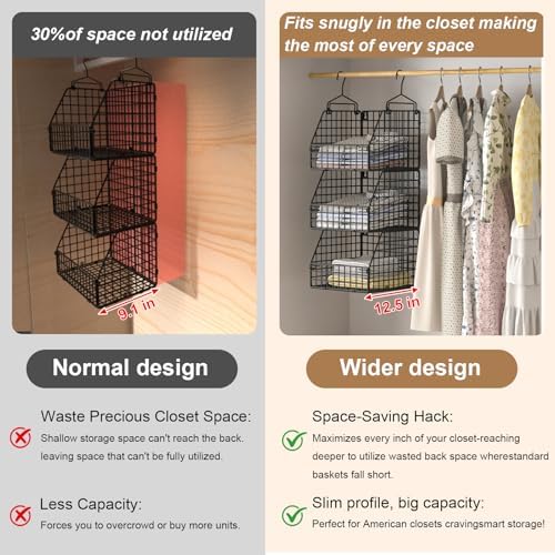 PUPPYCUTE Larger & Deeper Hanging Storage Basket, Closet Organizers and Storage, Hanging Shelves Wire Baskets for Clothing Sweaters Purse Handbags Shoes Black 3 Tier - Image 5