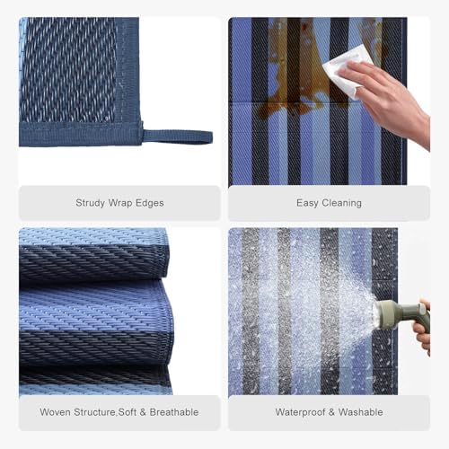 wikiwiki 9x12ft Outdoor Rug, Reversible Plastic Patio Rug Waterproof, Indoor Outdoor Carpet Clearance, Large Area Carpet for Patio Deck Balcony Pool RV Camping Beach Picnic, Black & Blue - Image 5