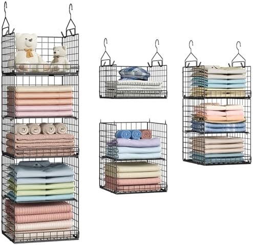 Yuyetuyo 5 Tier Closet Hanging Organizer and Storage Separable Hanging Closet Shelves with 4 Hooks 2 Adjustable Dividers, Wire Storage Basket Bins for Clothing Sweaters Socks Dolls Handbags, Foldable by Yuyetuyo