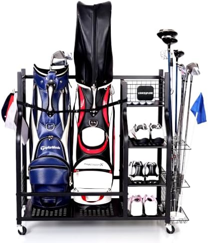 Golf Bag Storage Organizer Rack for Garage, Golf Bag Stand with Rolling Wheels, Heavy-Duty Metal Golf Equipment Organizer for Home, Garage, Clubhouse by Logicexplore