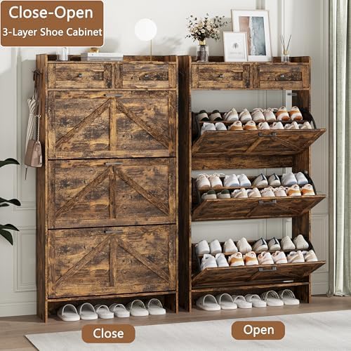Shoe Cabinet with 3 Flip Drawers & 2 Top Drawers, 57" Tall Freestanding Narrow Wooden Shoe Storage Organizer for Entryway, Hidden Slim Shoe Rack for Front Door Entrance, Hallway, Living Room, Brown - Image 4