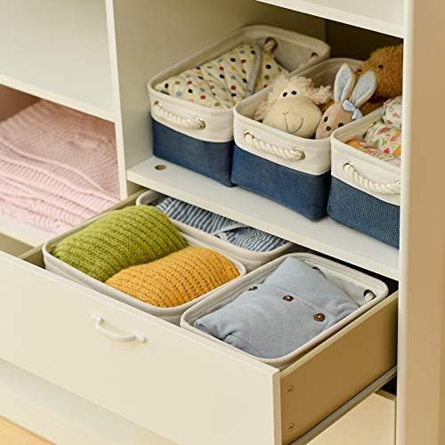 Storage Basket for Organizing - 12x8x5.2 inch Small 6 Pack Fabric Storage Bin Collapsible Baskets for Shelves with Rope, Storage Box for Cloth Decorative Laundry Canvas(White & Blue) - Image 6