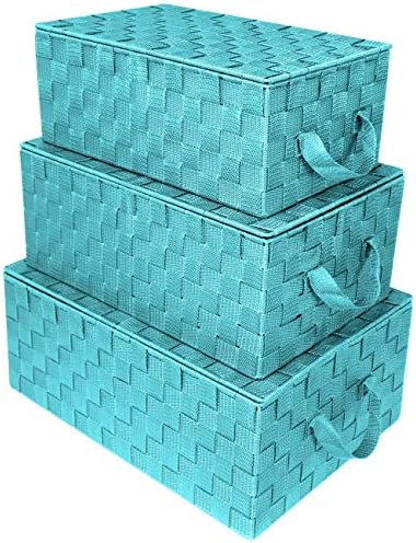 Sorbus Woven Storage Basket with Lid, Set of 3 (Aqua) by Sorbus