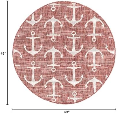 Unique Loom Outdoor Coastal Collection Area Rug - Ahoy (4' 1" Round, Rust Red/ Ivory) - Image 2