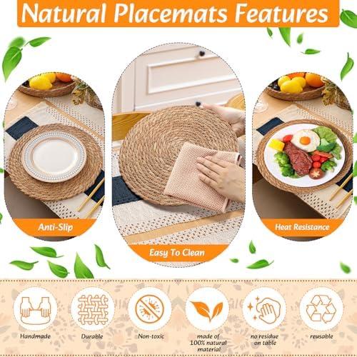4 Sets Boho Placemat Table Runner Napkin Rings, Blue, 12x72 - Image 6