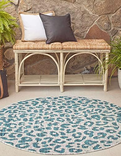 Unique Loom Outdoor Safari Collection Area Rug - Leopard (10' 8" Round, Teal/ Ivory) - Image 4