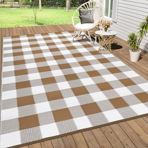 GlowSol 9x18 Outdoor Reversible Rug Waterproof UV Resistant Plastic Straw Rug Modern Outdoor Checkered Rug, Portable Picnic Mat with Stakes, Large Camping Carpet for Backyard, Balcony, Brown by GLOWSOL