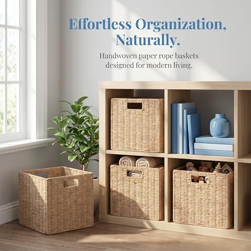 13" x 13" x 13" Wicker Storage Basket,Woven Paper Rope Wicker Baskets,Set of 4 Collapsible Square Organizers,Foldable Cube Storage Bins - Image 2