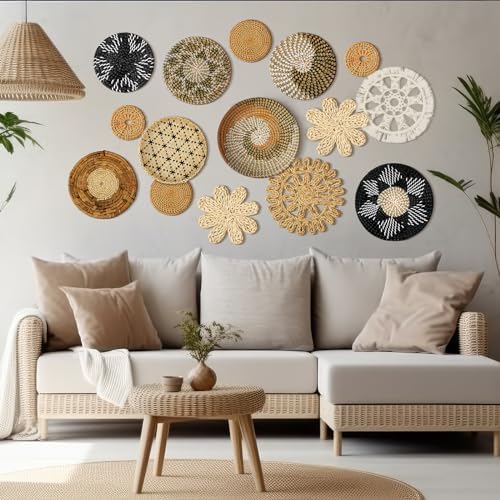 Xuhal 15 Pcs Boho Wall Basket Decor Handcrafted Seagrass Woven Wall Basket Rustic Round Woven Hanging Art for Home Farmhouse Kitchen Table Living Room(Stylish Style) - Image 5