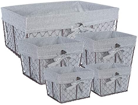 DII Farmhouse Chicken Wire Storage Baskets with Liner, Set of 5, Rustic Ticking Stripe, Assorted Sizes by DII