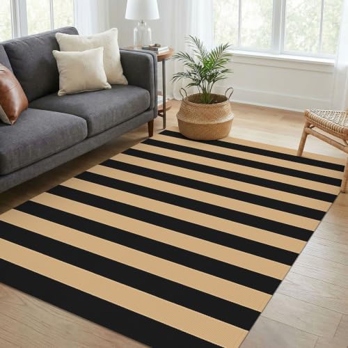 KOZYFLY 4x6 ft Brown and Black Striped Rug Front Door Rug Cotton Woven Rugs - Image 2