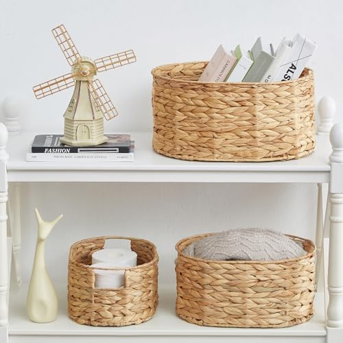 Vagusicc Wicker Basket, 3-Pack Hand-Woven Water Hyacinth Wicker Storage Basket with Handles, Large Woven Storage Baskets for Shelves, Round Storage Baskets for Organizing & Decor - Image 7