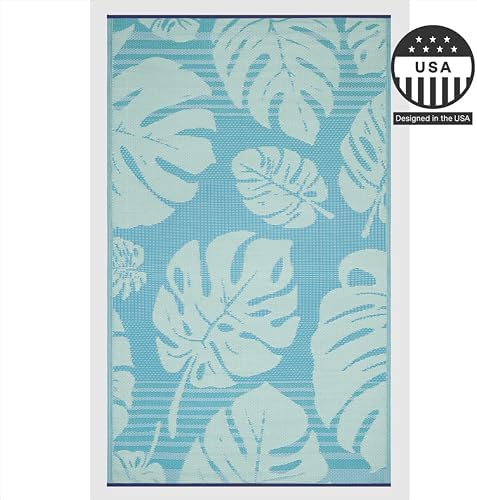 FH Home Outdoor Rug - Waterproof, Fade Resistant, Reversible - Premium Recycled Plastic - Tropical, Botanical - Patio, Deck, Porch, Balcony - Hana Leaves - Blue Crease Free - 5 x 8 ft - Image 4