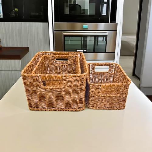 GIB Woven Storage Baskets for Organizing, Plastic Wicker Storage Baskets for Shelves, Waterproof Rectangular Storage Bins Organizers for Closet Pantry Table, Set of 3, Brown - Image 7