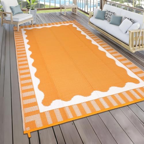 Garvee Scalloped Waterproof Outdoor Rug 9x18 Outdoor Patio Rug, Orange - Image 2