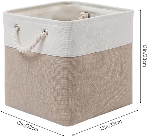 MidmmVick 13 x 13 Inch Cube Storage Bins, 6 Pack Extra Large Collapsible Fabric Storage Bin with Ropes, Foldable Storage Cubes for Home (White & Beige-13"x13"x13") - Image 5