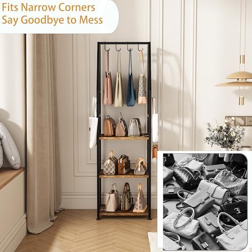 3-Tier Purse Stand Handbag Organizer, Hall Tree for Entryway Steel Frame, with 8 Removable Hooks，Clothes Rack Stand Organizer(Rustic Brown) - Image 6