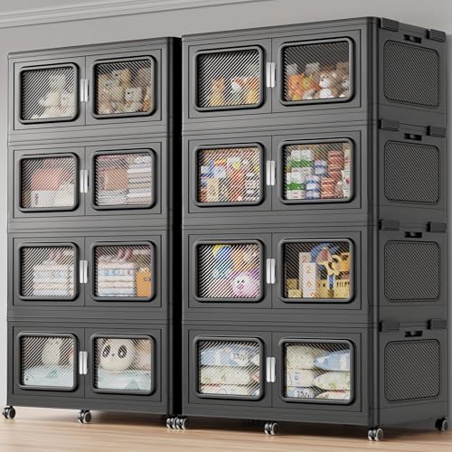 BROVIEW 600Gal Storage Bins, 2400Qt Extra Large Stackable Storage Box with Lids & Wheels - Heavy Duty Collapsible Plastic Cabinets, Open Front Door for Sundries in Home & Office, Black 8 Pack by BROVIEW-EnjoytheArtofLife