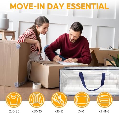 HealSmart 6 Pack Extra Large Moving Bags with Zippers & Carrying Handles, Heavy-Duty Storage Tote Moving Boxes for Dorm Room Essentials Storage Bags, Clear - Image 6