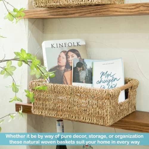 Large Natural Wicker Basket Rectangular with Wooden Handles, Seagrass Storage for Organizing, Shelves 15.5 x 10.6 x 5.5 inches - Image 6
