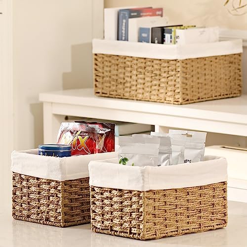 Vagusicc Wicker Storage Basket, 3-Pack Woven Paper Rope Wicker Baskets with Handles, Large Wicker Basket Cube Storage Bins with Liners, Storage Baskets for Organizing Shelves & Decor, Natural - Image 4
